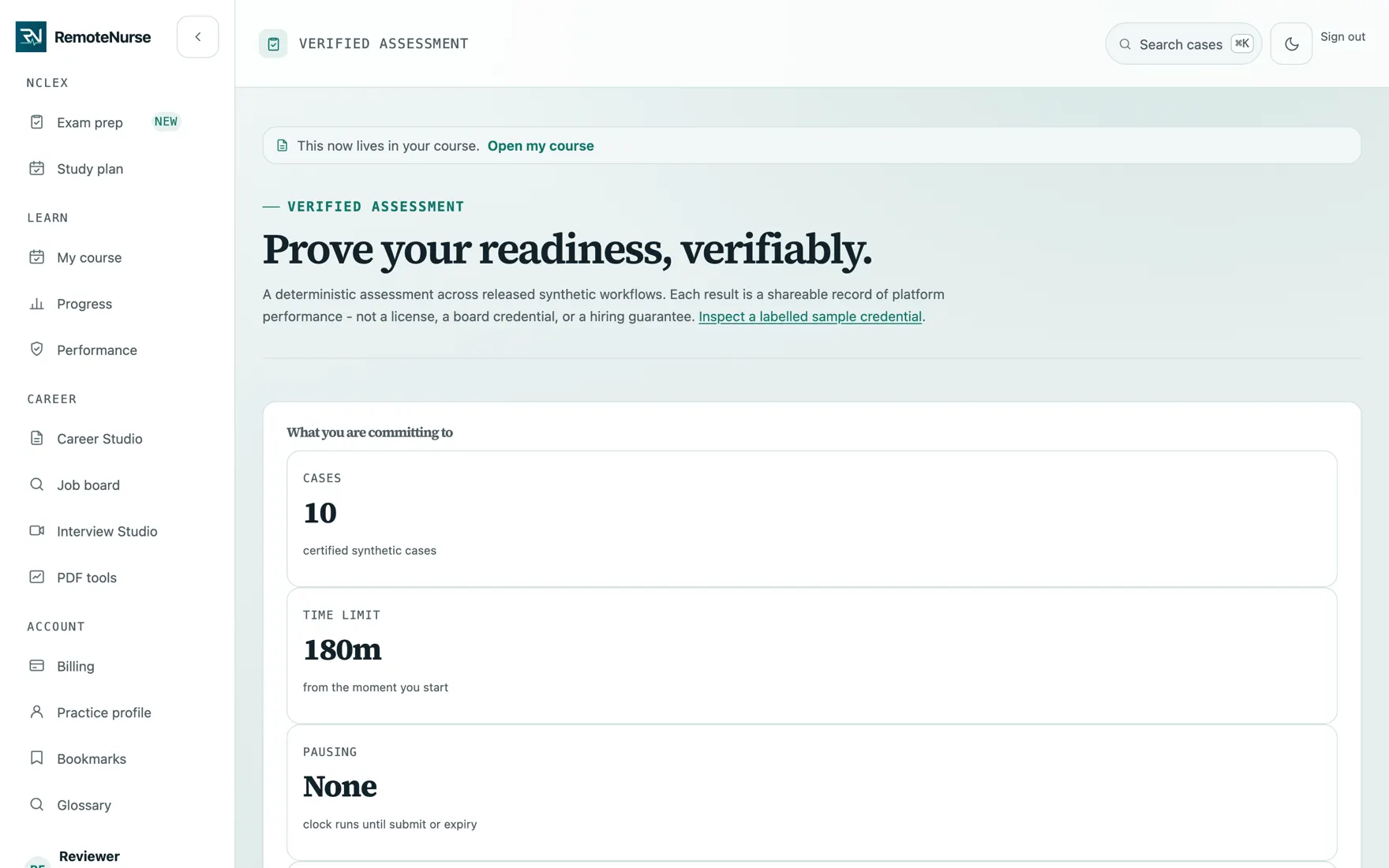 The Verified Assessment surface explaining that each result is a shareable record of platform performance, not a license, a board credential, or a hiring guarantee, with a start control and a link to a labeled sample.