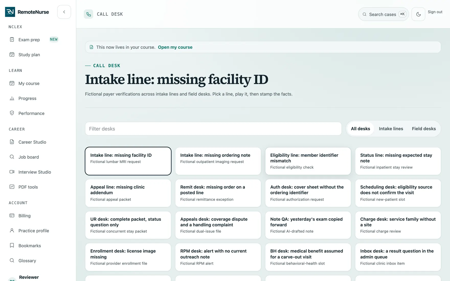 Call Desk showing a filterable grid of intake lines and field desks including intake, eligibility, appeal, remit, auth, scheduling, UR, appeals, note QA, charge, enrollment, RPM, behavioral health, inbox, ROI, refill, referral, and care-gap desks.