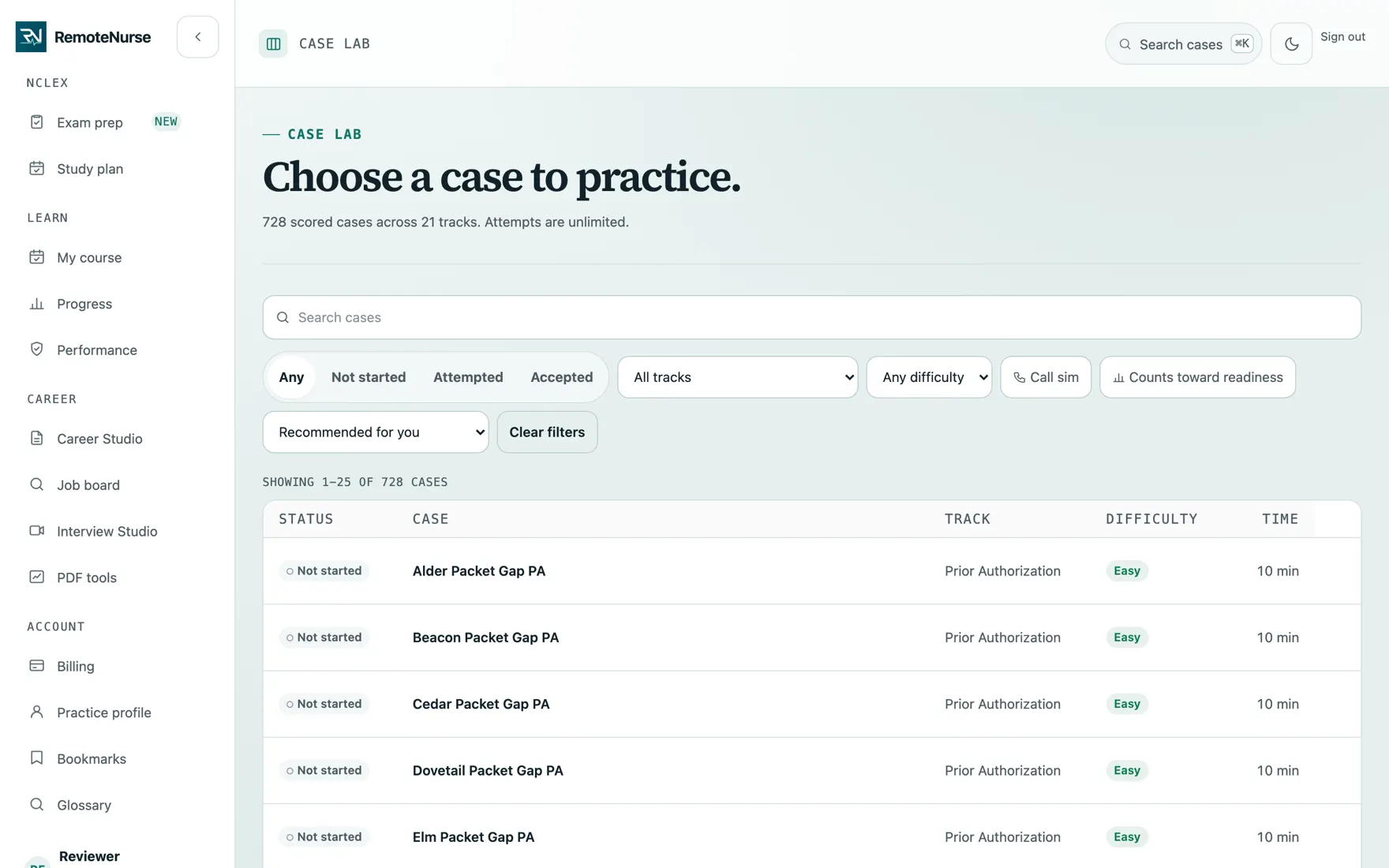 The Case Lab catalog listing cases with status, track, difficulty, acceptance rate, and estimated time columns, plus search and filter controls.