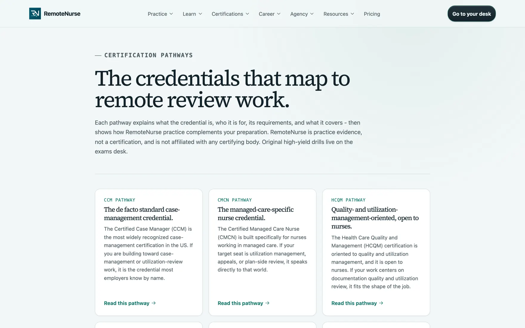 The RemoteNurse certifications page comparing credential pathways that map to remote review and medical VA work.