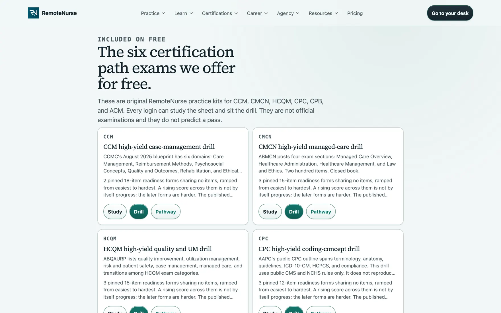 The RemoteNurse exams page listing certification path drills for CCM, CMCN, HCQM, CPC, CPB, and ACM with question counts and study kits.