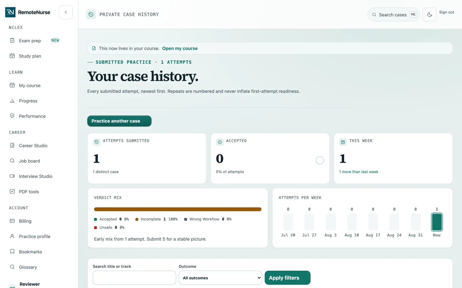 Case history listing prior attempts with scores, dates, and filters.