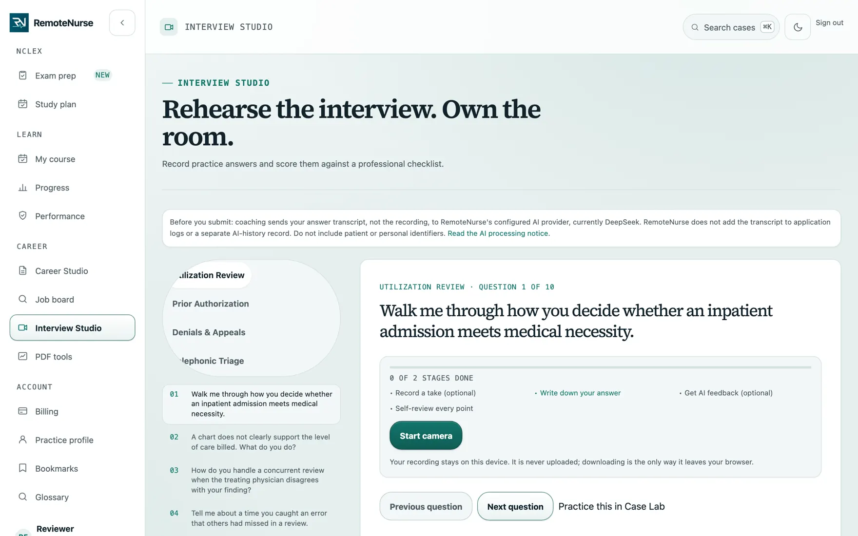 The RemoteNurse AI interview feedback screen.