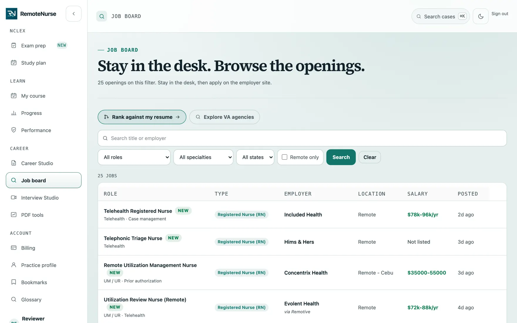 A saved job opening inside the RemoteNurse workspace showing its requirements and match detail.