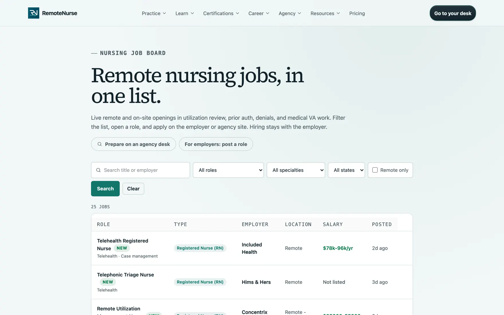 The RemoteNurse job board listing remote nursing and medical VA openings with role, employer, location, salary, and posted date columns.