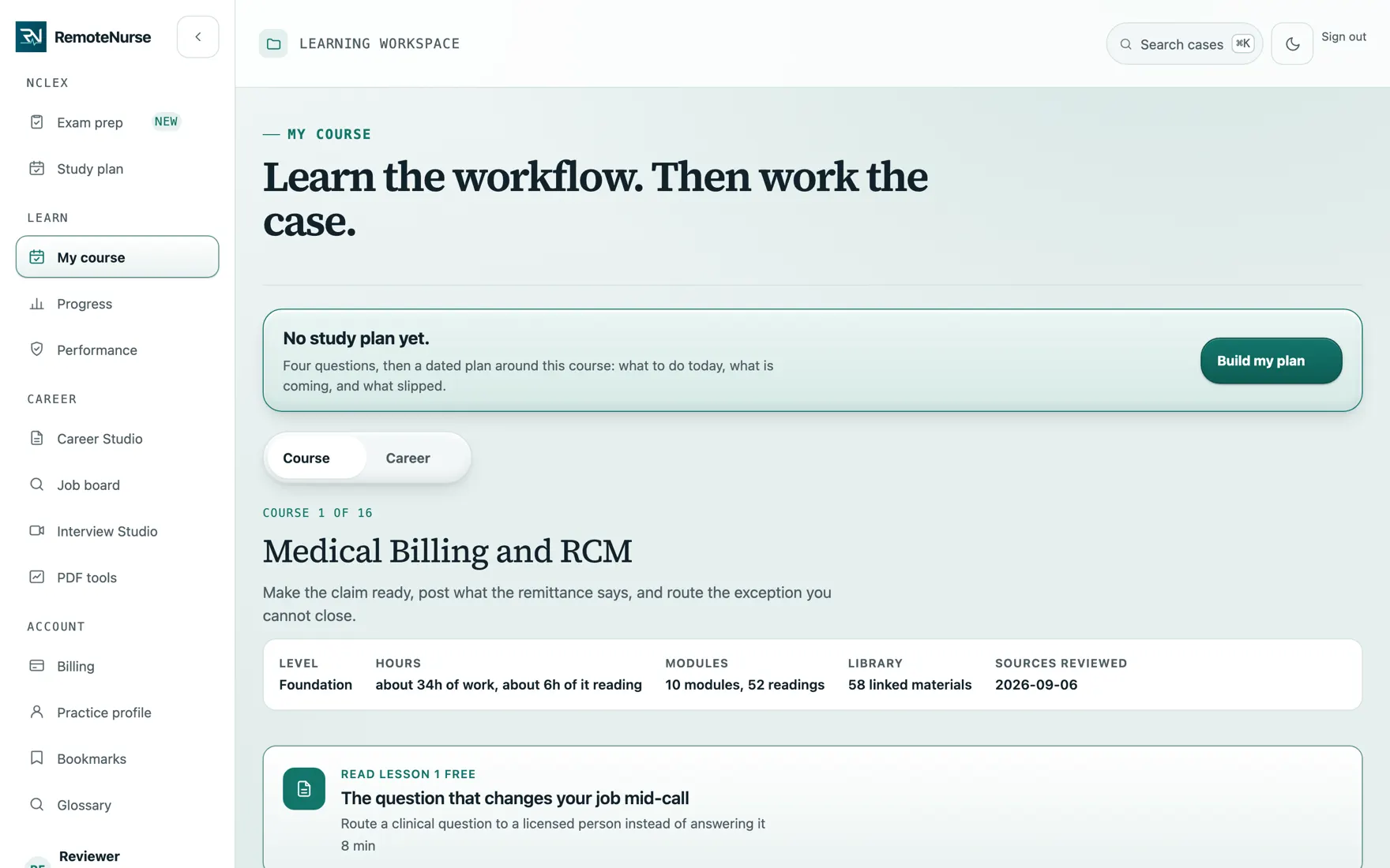 The RemoteNurse Learn catalog showing lessons grouped by track, a Choose your field card, and counters for due today, retrieved twice, milestones earned, and confident misses.
