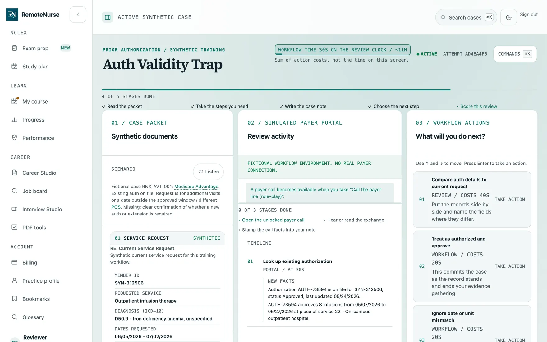 A prior-authorization case showing source documents, a simulated payer portal, a case note field, and the available workflow actions.