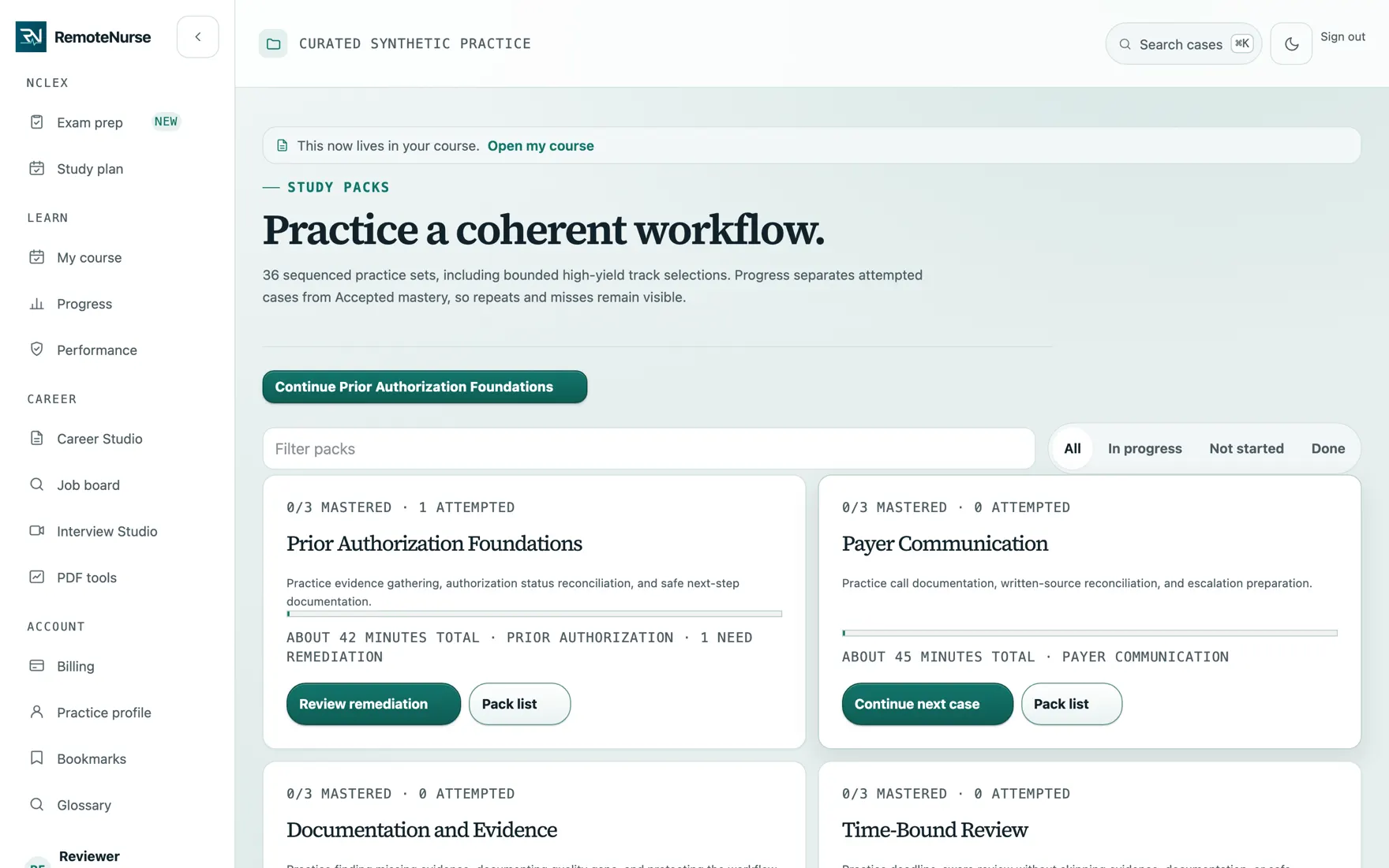 Study packs listing sequenced case sets by workflow, with progress and estimated time for each.