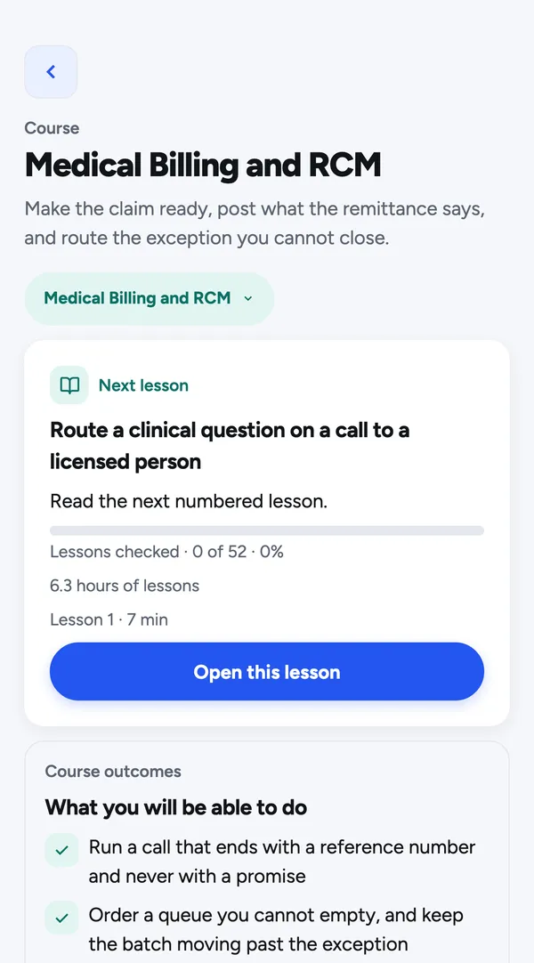 The Medical Billing and RCM course home, with the next lesson, a progress bar and course outcomes.