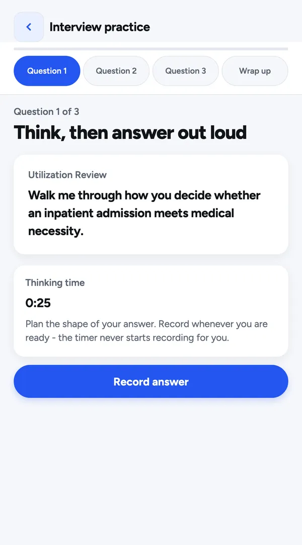 Interview rehearsal on question 1 of 3, with a thinking timer and a Record answer button.