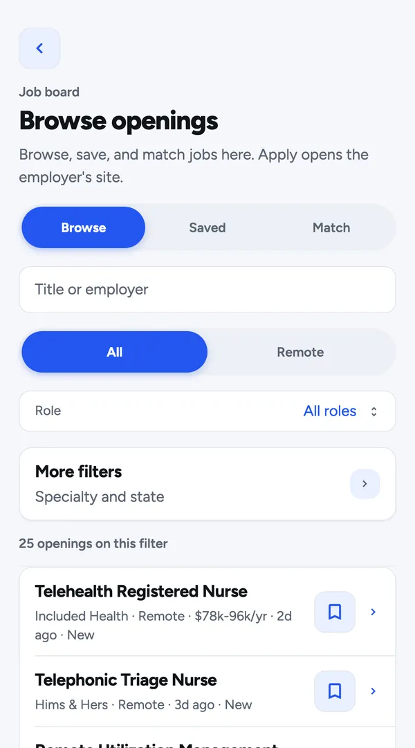The job board listing remote openings such as Telehealth Registered Nurse, with a save button on each row.