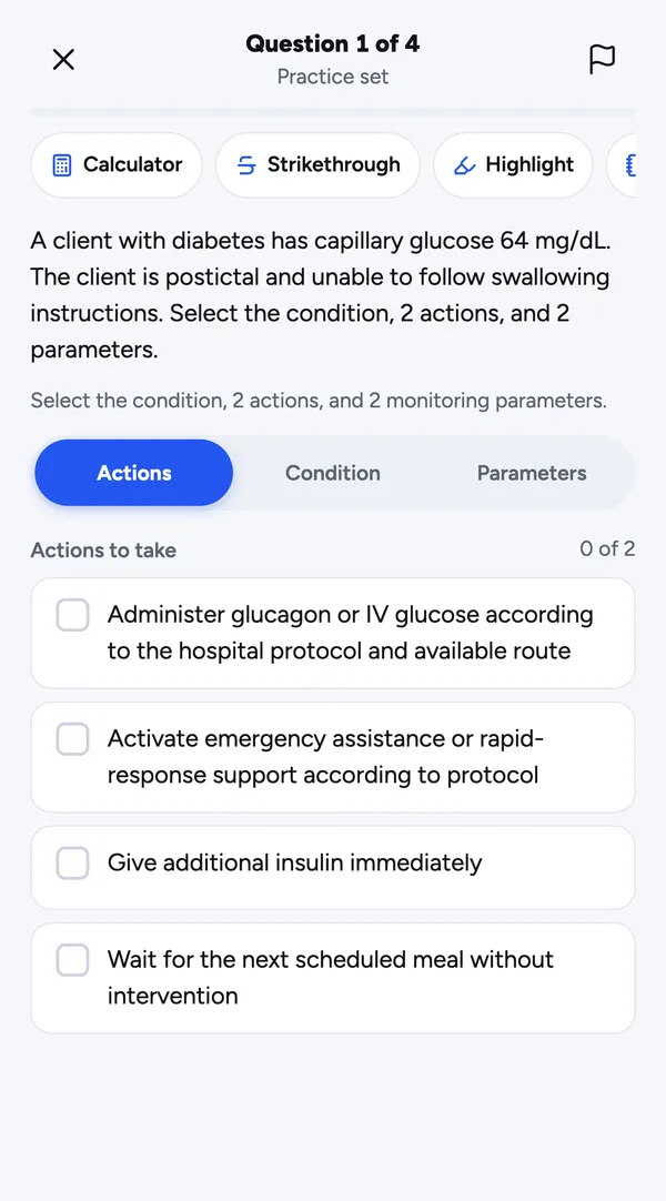 An NCLEX-style practice question with Actions, Condition and Parameters tabs.
