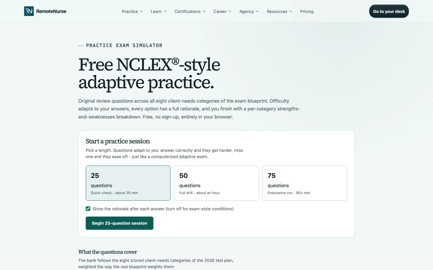 The RemoteNurse free NCLEX-style adaptive practice exam simulator.