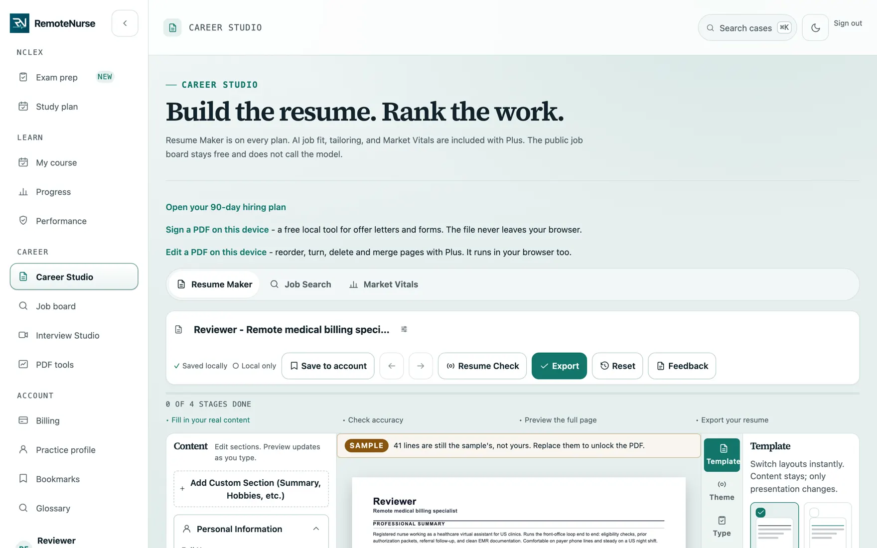 The RemoteNurse Resume Maker with a section editor and a live preview of the resume page.